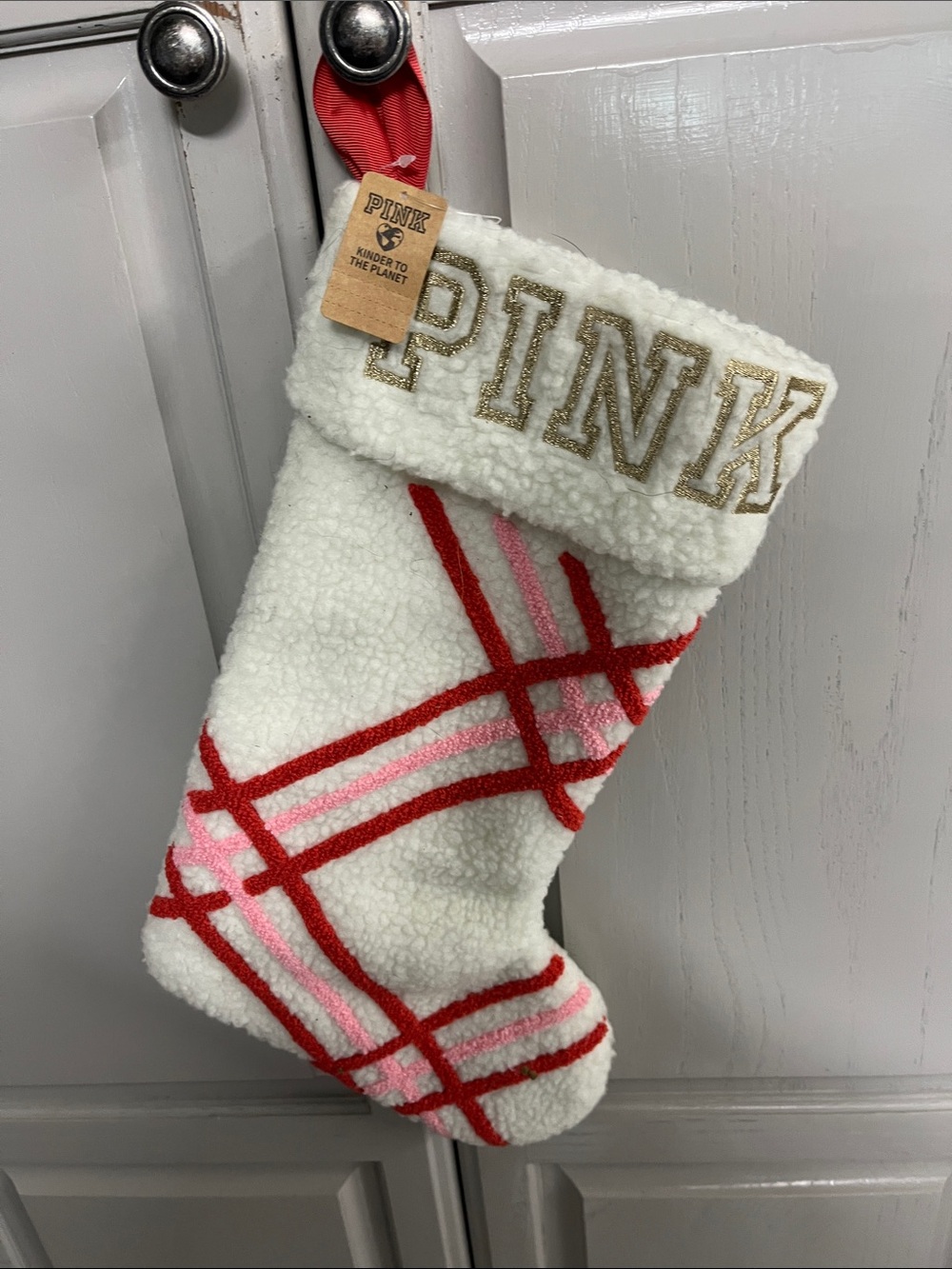 PINK Victoria's Secret White Sherpa Stocking with Red & Pink Plaid